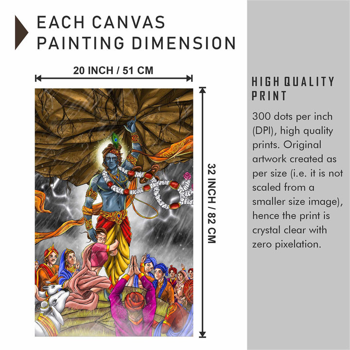 FineArts Rolled Canvas Painting - Shree Krishna Lifts Govardhan Parvat