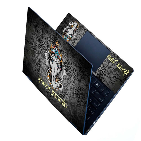 Full Panel Laptop Skin - Shree Ganesh Face on Black Floral