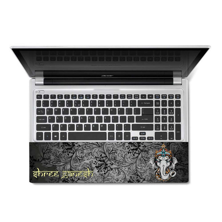 Full Panel Laptop Skin - Shree Ganesh Face on Black Floral