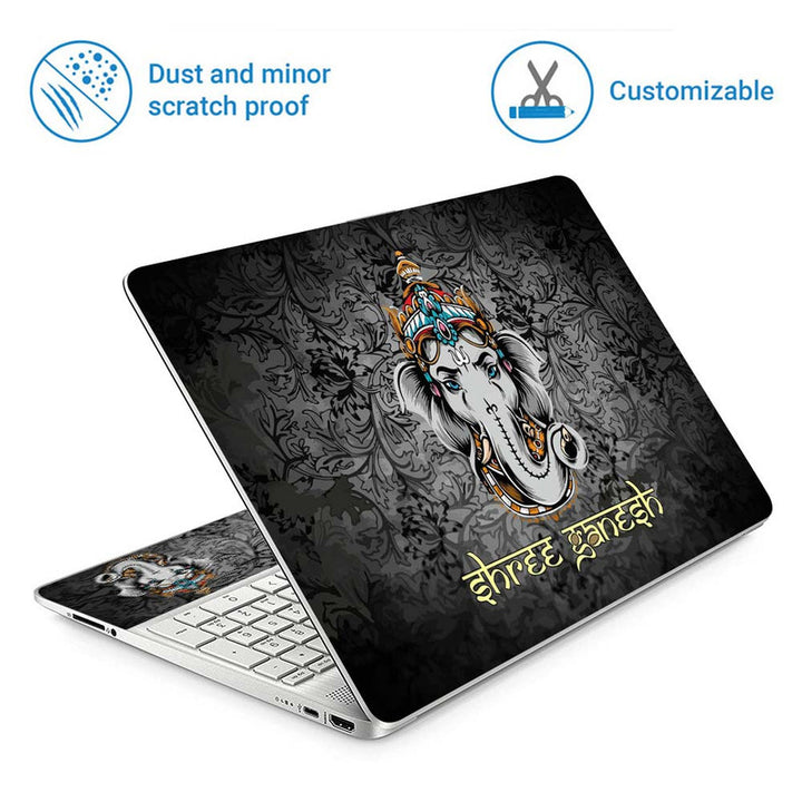 Full Panel Laptop Skin - Shree Ganesh Face on Black Floral