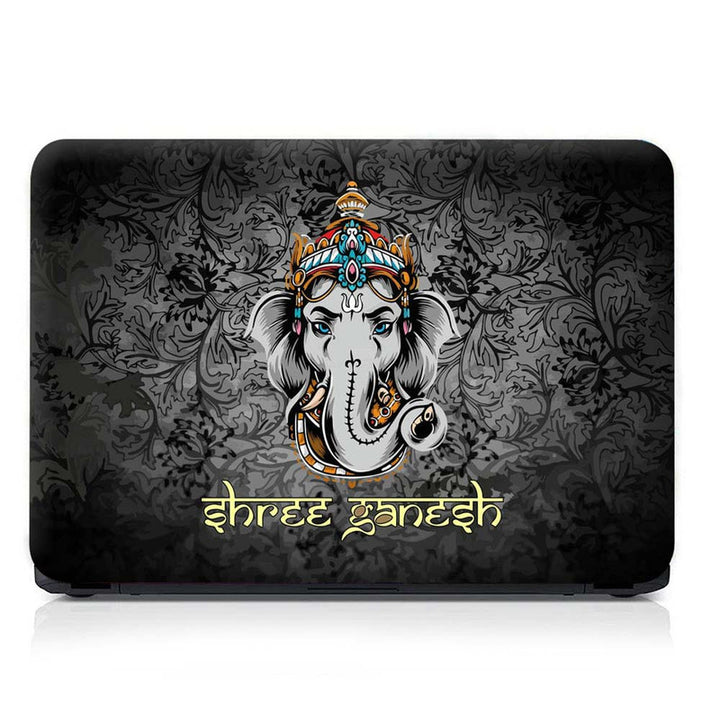 Full Panel Laptop Skin - Shree Ganesh Face on Black Floral