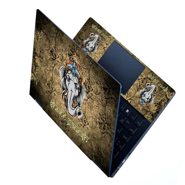 Full Panel Laptop Skin - Shree Ganesh Grey Brown Floral Art