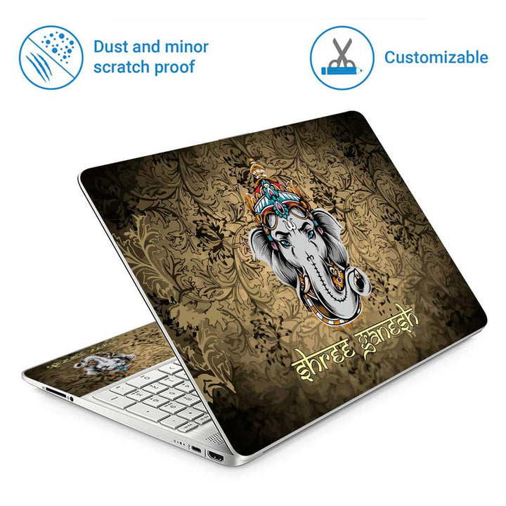 Full Panel Laptop Skin - Shree Ganesh Grey Brown Floral Art