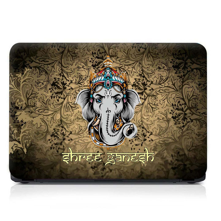 Full Panel Laptop Skin - Shree Ganesh Grey Brown Floral Art