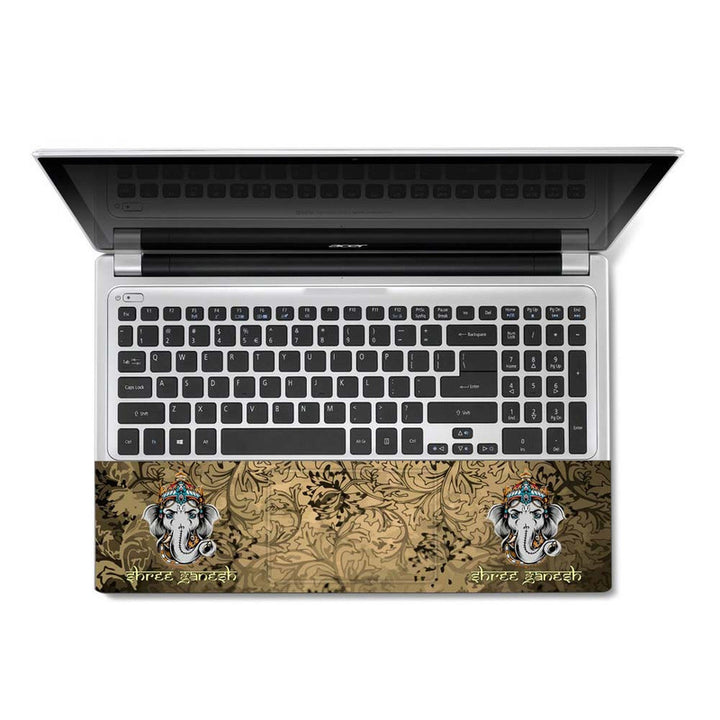 Full Panel Laptop Skin - Shree Ganesh Grey Brown Floral Art