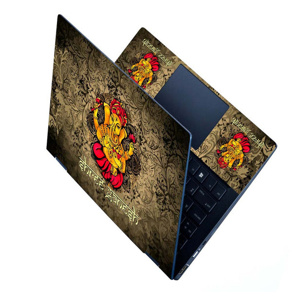 Full Panel Laptop Skin - Shree Ganesh Red Brown Floral Art