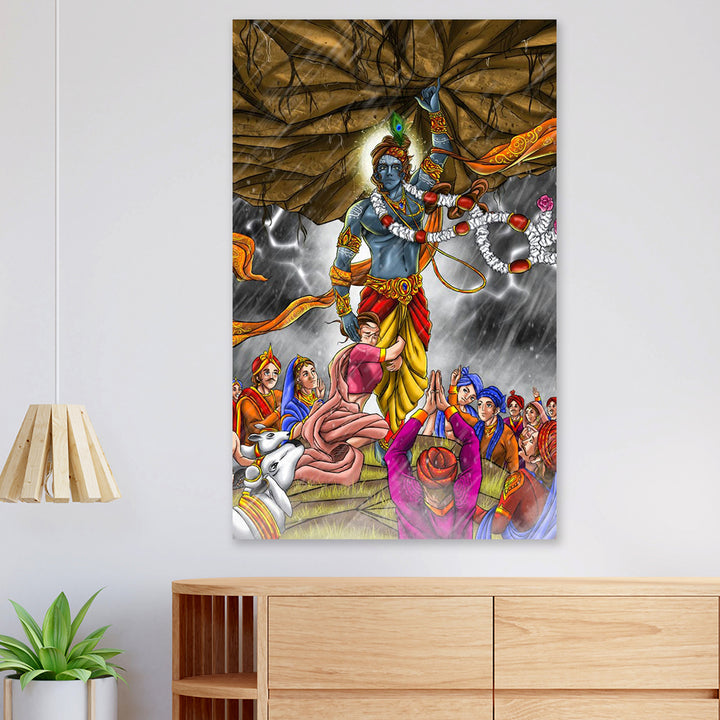 FineArts Rolled Canvas Painting - Shree Krishna Lifts Govardhan Parvat - SkinsLegend