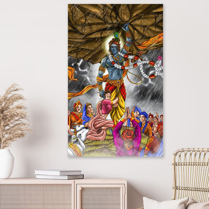 FineArts Rolled Canvas Painting - Shree Krishna Lifts Govardhan Parvat - SkinsLegend