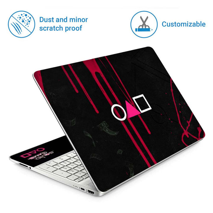 Full Panel Laptop Skin - Squid Game Play Signs on Black