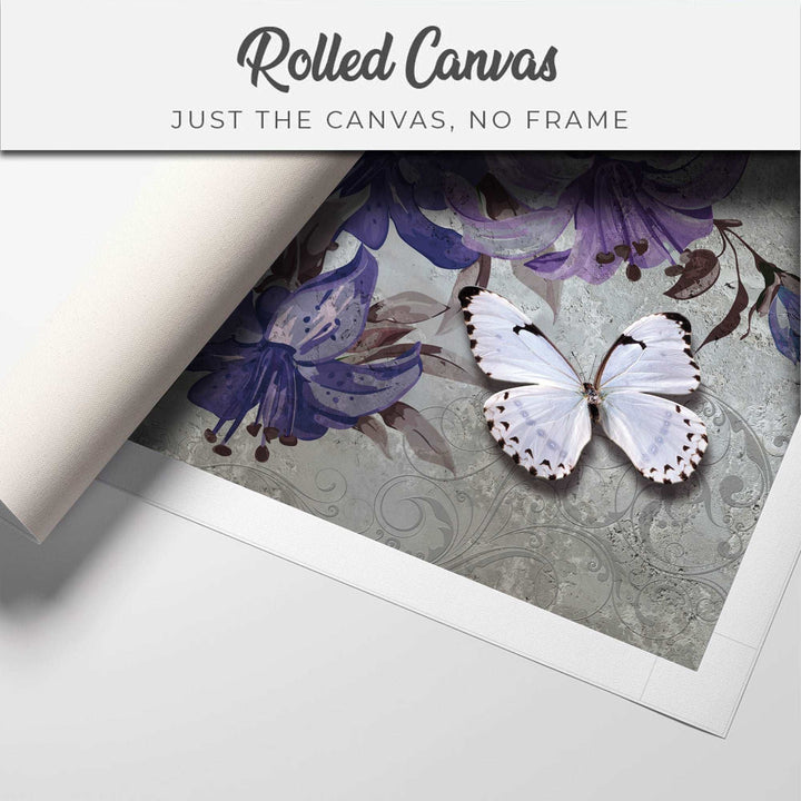 FineArts Rolled Canvas Painting - White Butterfly on Purple Floral