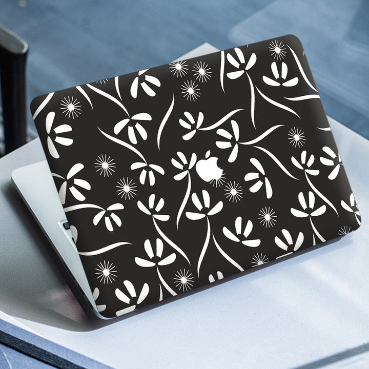 Laptop Skin for Apple MacBook - White Floral Art on Black - SkinsLegend