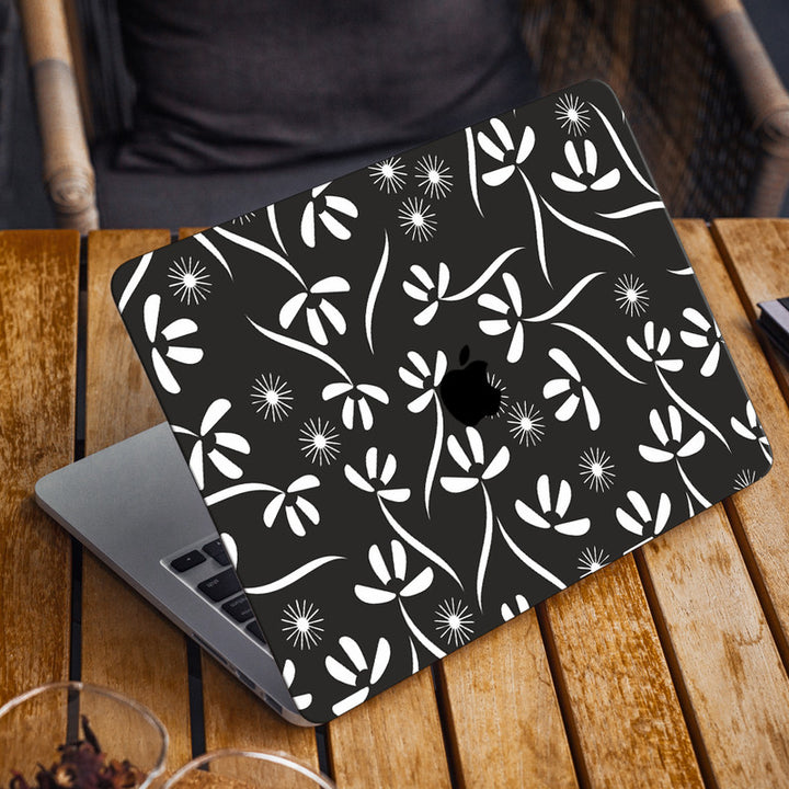 Laptop Skin for Apple MacBook - White Floral Art on Black - SkinsLegend