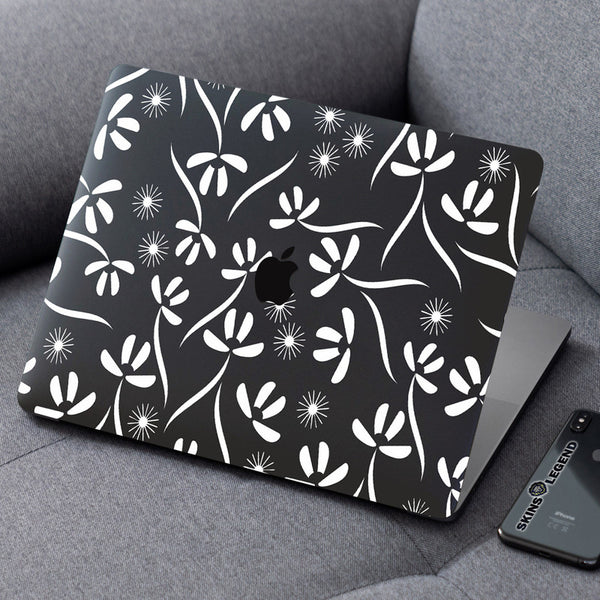 Laptop Skin for Apple MacBook - White Floral Art on Black - SkinsLegend