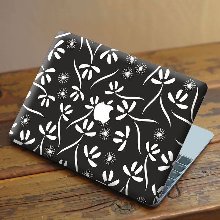 Laptop Skin for Apple MacBook - White Floral Art on Black - SkinsLegend