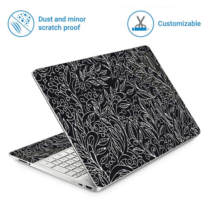 Full Panel Laptop Skin - White Leaves on Black