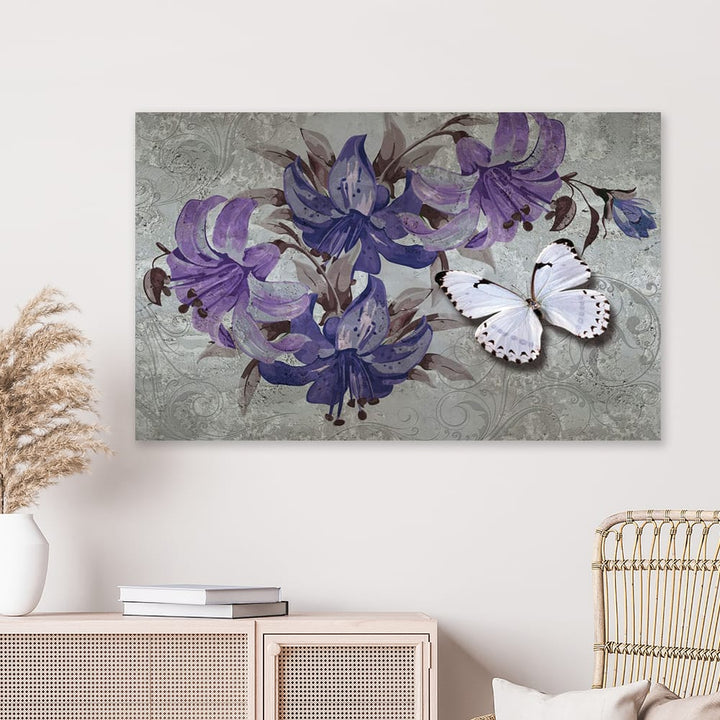 FineArts Rolled Canvas Painting - White Butterfly on Purple Floral - SkinsLegend