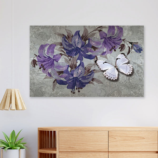 FineArts Rolled Canvas Painting - White Butterfly on Purple Floral - SkinsLegend