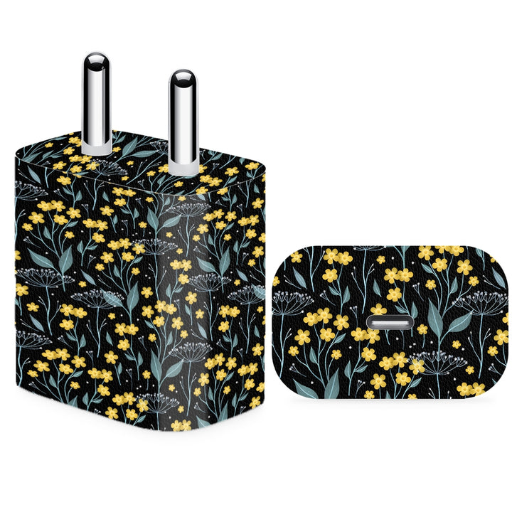 Charger Skin - Yellow Grey Tiny Floral Leaves on Black