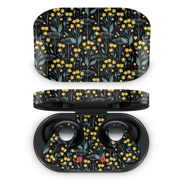 Oneplus Nord Buds Earbud Skin - Yellow Grey Tiny Floral Leaves on Black